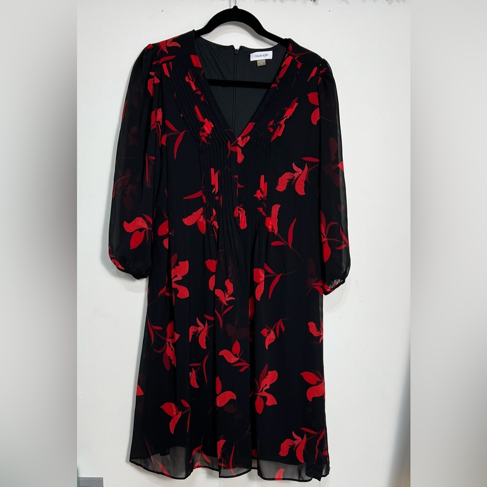 Calvin Klein Black Midi Dress with Red Floral Print